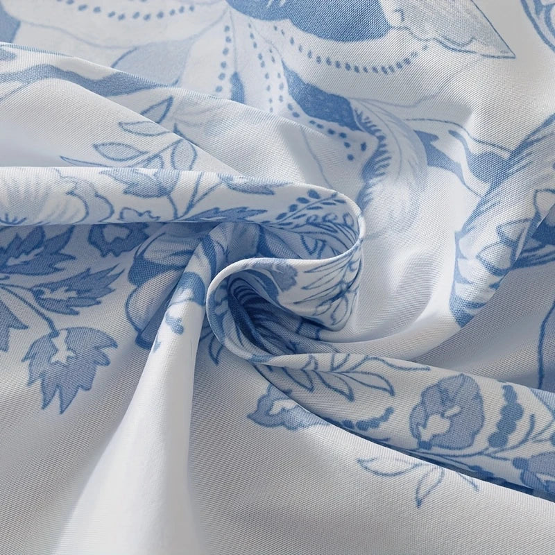 Blue Floral Bed Sheet & Protector Set