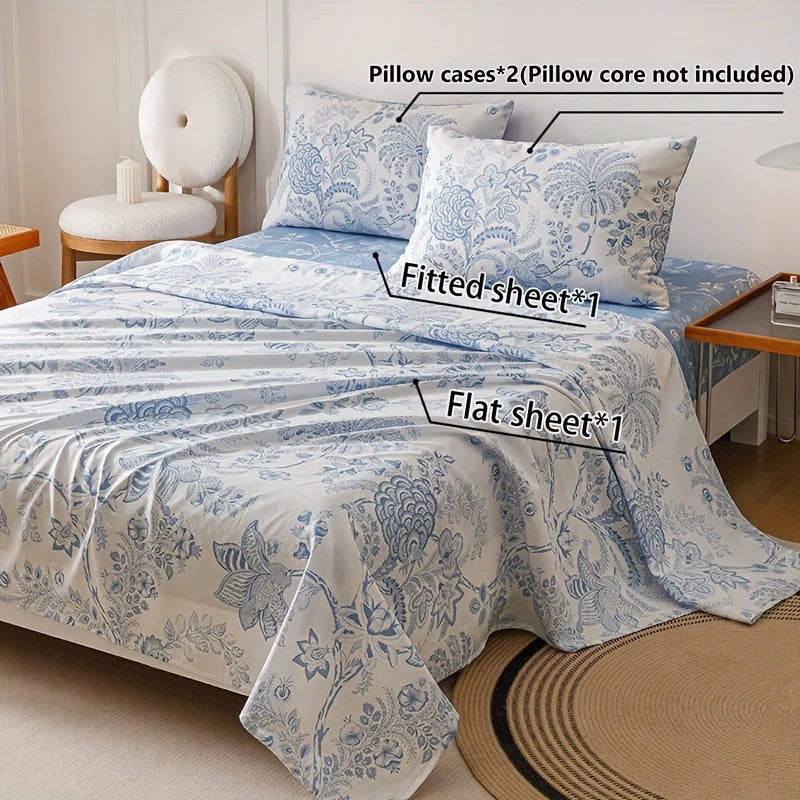 Blue Floral Bed Sheet & Protector Set