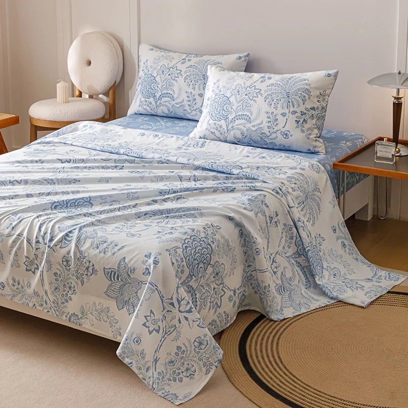 Blue Floral Bed Sheet & Protector Set