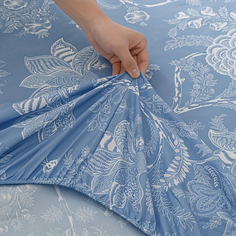 Blue Floral Bed Sheet & Protector Set