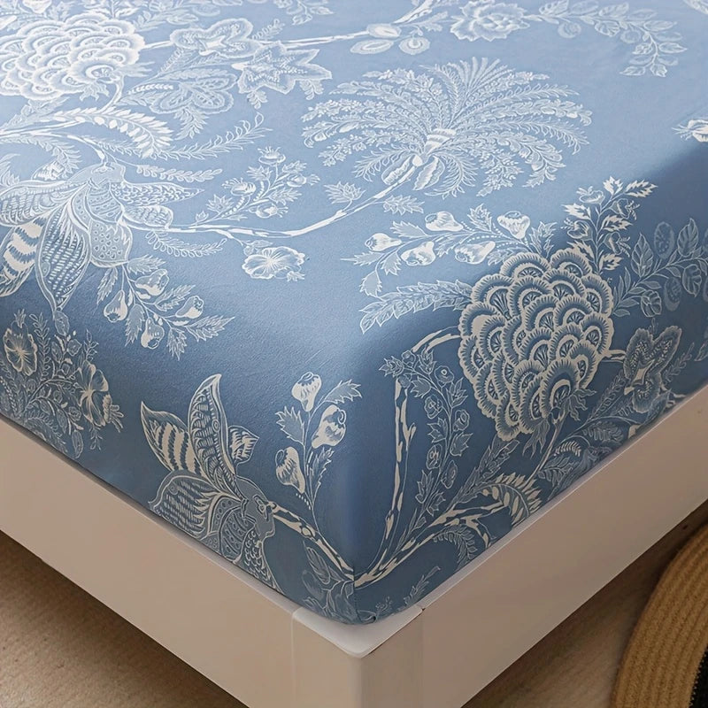 Blue Floral Bed Sheet & Protector Set