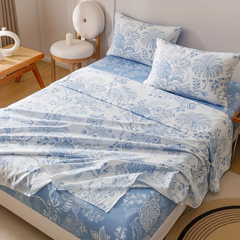 Blue Floral Bed Sheet & Protector Set