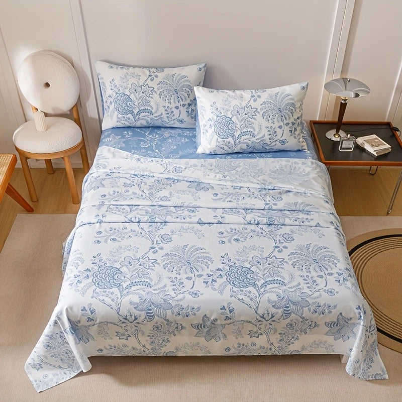 Blue Floral Bed Sheet & Protector Set